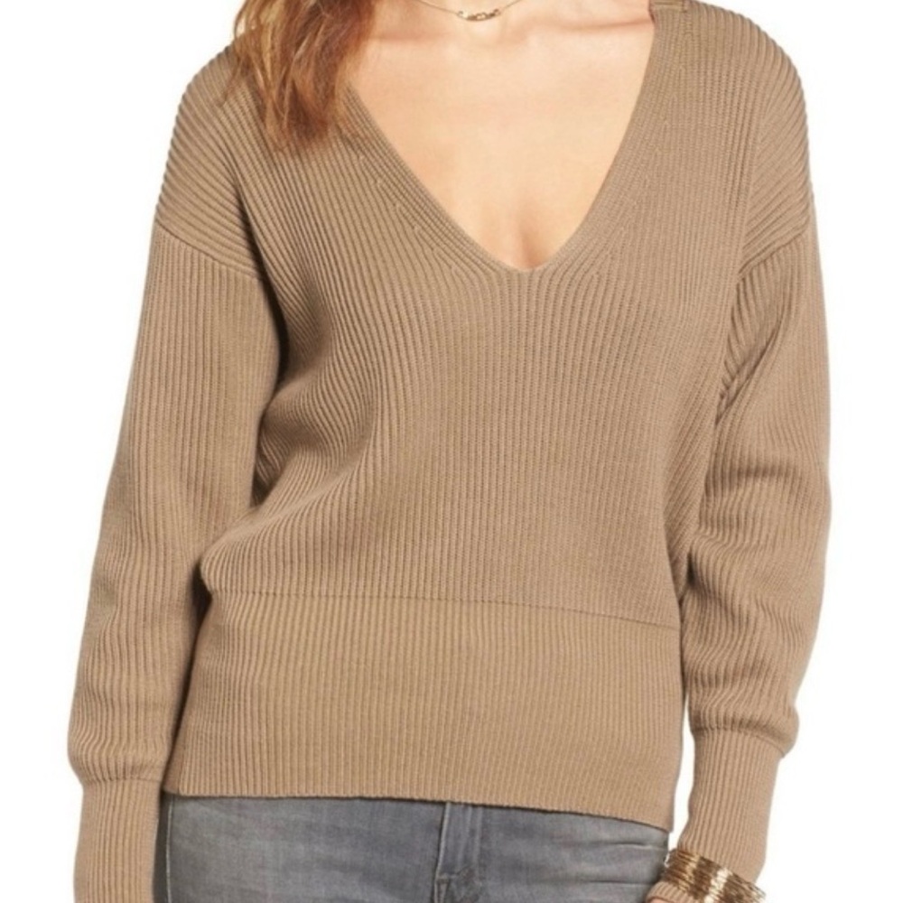 Free People V-Neck Ribbed Sweater - Taupe Brown